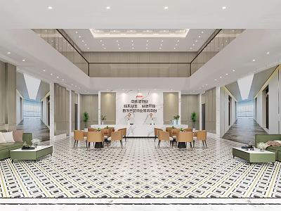 Modern Front Desk Reception Area With Marble Floor Sofa Seating Tables And Green Plants 3d model