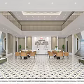 Modern Front Desk Reception Area With Marble Floor Sofa Seating Tables And Green Plants