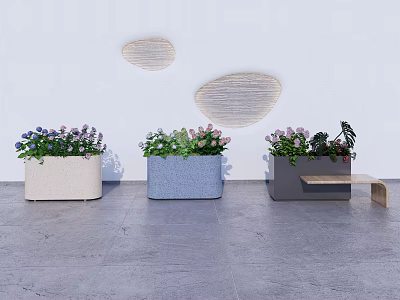 White Blue Gray Flower Planters With Green Plants On Concrete Floor And Minimalist Wall 3d model