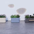 White Blue Gray Flower Planters With Green Plants On Concrete Floor And Minimalist Wall