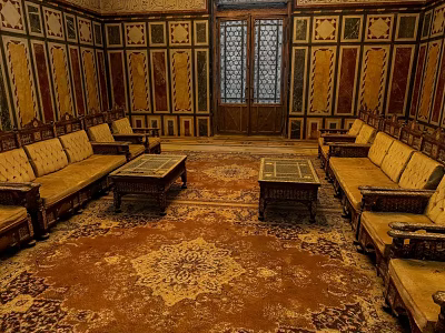Vintage Ornate Public Seating in Decorated Room with Walls Coffee Tables and Carpet 3d model