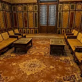 Vintage Ornate Public Seating in Decorated Room with Walls Coffee Tables and Carpet