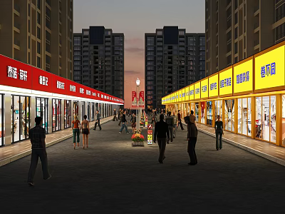 Vibrant Commercial Street Evening Scene With Illuminated Storefronts Tall Buildings Pedestrians And Colorful Signboards 3d model