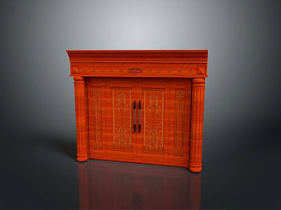Red Solid Wood Carved Entry Door with Decorative Columns and Classic Frame Design 3d model