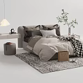 Cozy Double Bed Interior With Gray Quilt Pillows Plaid Blanket Bedside Tables Lamp And Plants On Rug