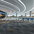 Modern Conference Room Interior With Curved Ceiling Large Windows Scenic View White And Blue Chairs
