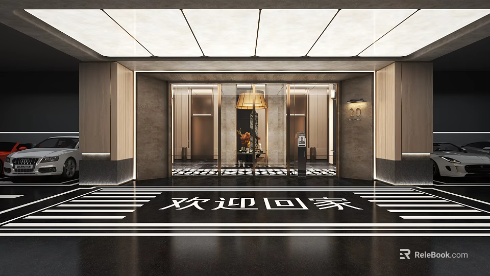Luxury Modern Basement Entrance With Welcome Home Sign Chandelier And Striped Floor 3d model 