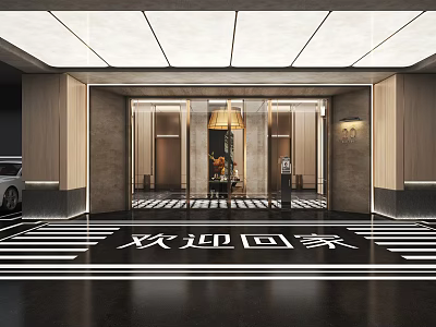 Luxury Modern Basement Entrance With Welcome Home Sign Chandelier And Striped Floor 3d model