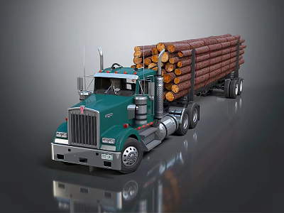 Green Heavy Duty Logging Truck Carrying Stacked Timber Logs For Transportation 3d model