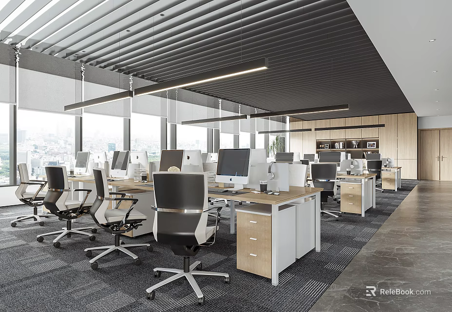 Modern Public Office Space Interior With Desks Computers Office Chairs And Large Windows 3d model