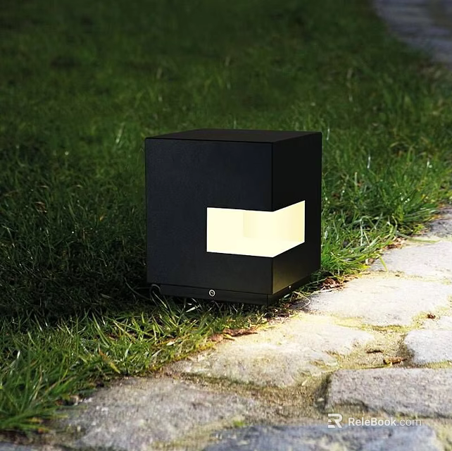 Modern Black Cube Shaped Outdoor Light Illuminating Garden Grass And Stone Path 3d model 