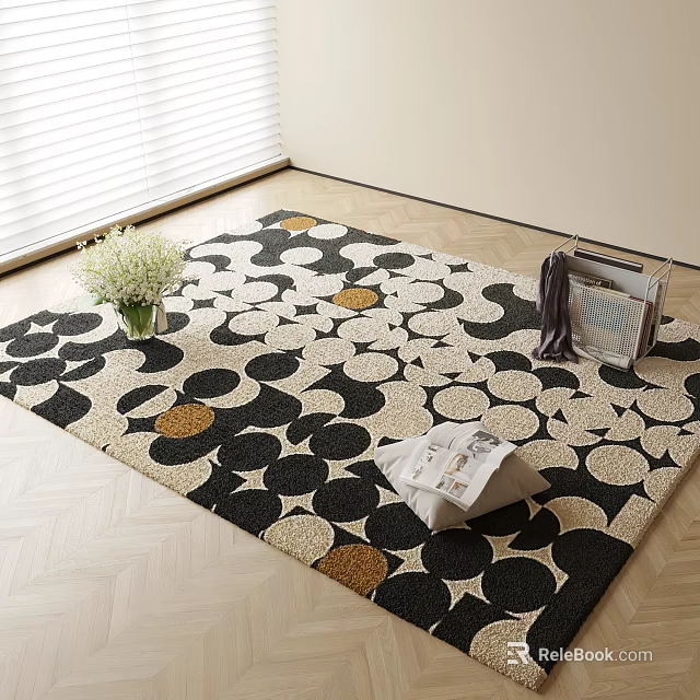 Square Area Rug Featuring Black Beige Gold Circular Patterns And White Flowers On Wooden Floor 3d model 