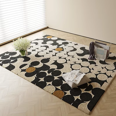 Square Area Rug Featuring Black Beige Gold Circular Patterns And White Flowers On Wooden Floor 3d model