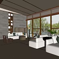 Modern Leisure Area Interior Design With Sofa Bookshelf Coffee Table Large Windows And Greenery