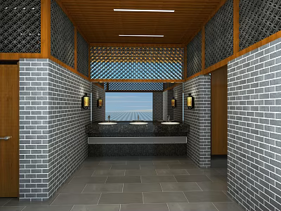 Public Restroom Interior Featuring Gray Brick Walls Wooden Frames Double Sinks And Ceiling Light Strips 3d model