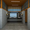 Public Restroom Interior Featuring Gray Brick Walls Wooden Frames Double Sinks And Ceiling Light Strips