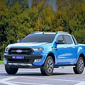 Blue Ford Pickup Truck Rear View Parked Outdoor On Paved Road Near Green Trees