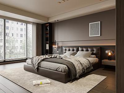 Modern Bedroom Interior With Dark Wall Large Window Blinds Leather Headboard And Wooden Floor 3d model