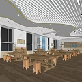 Spacious Kindergarten Classroom Interior With Wooden Tables Stools Curved Ceiling And Bright Windows