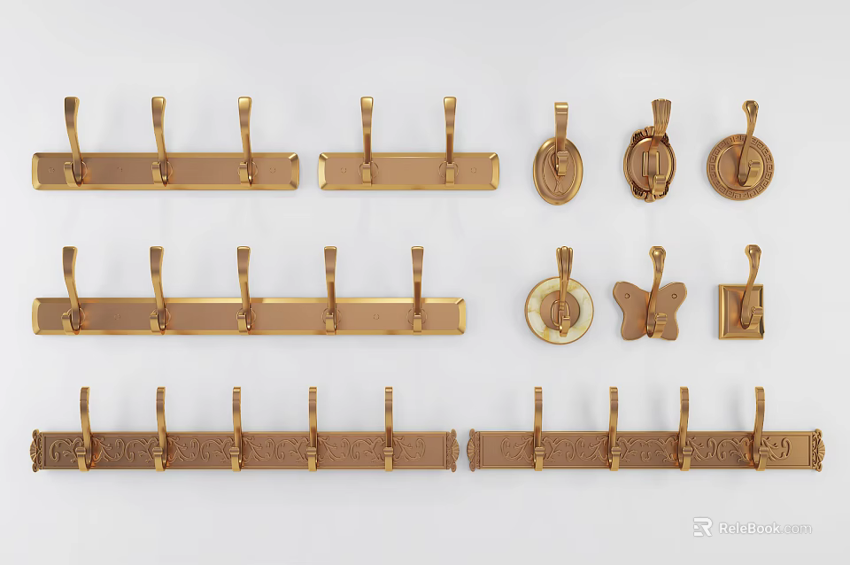 Various Golden Decorative Hooks With Multiple Designs For Home Wall Mounting And Organization 3d model