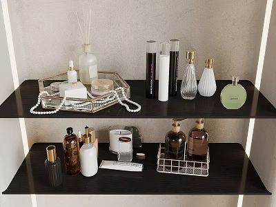 Stylish Black Shelf Display With Fragrance Bottles Cosmetics And Decorative Items 3d model