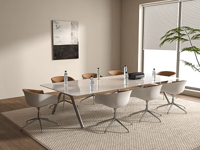 White Conference Table with Metal Legs Surrounded by White Chairs Near Window and Potted Plant 3d model
