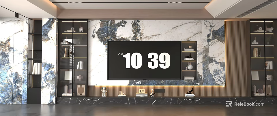 Modern TV Background Wall Interior With Marble Texture And Decorative Shelves 3d model