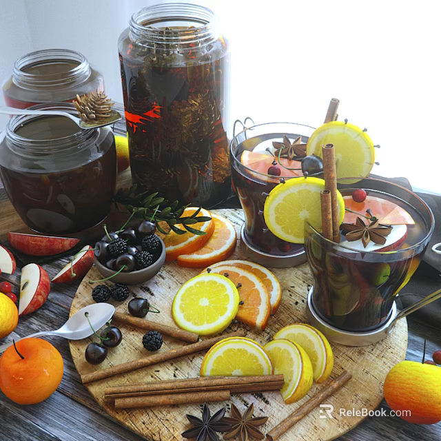 Fresh Apples Oranges Blackberries And Lemon Slices For Winter Warm Drinks With Cinnamon 3d model 