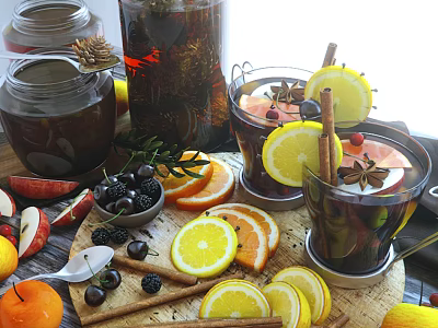 Fresh Apples Oranges Blackberries And Lemon Slices For Winter Warm Drinks With Cinnamon 3d model