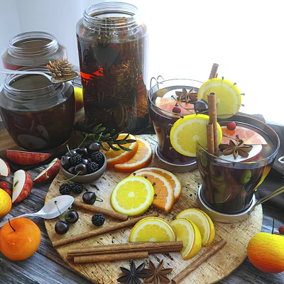 Fresh Apples Oranges Blackberries And Lemon Slices For Winter Warm Drinks With Cinnamon 3d model