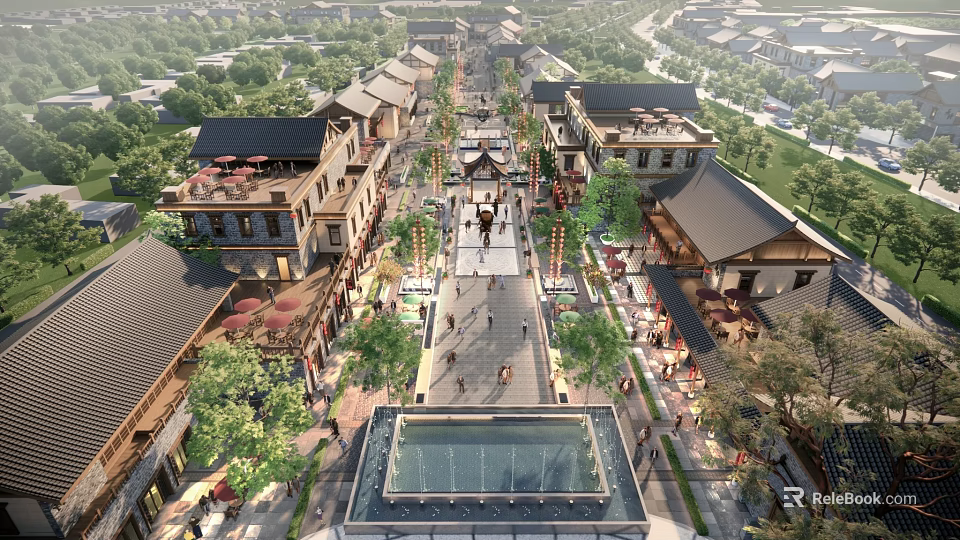 Traditional Chinese Architecture Commercial Street With Walking Pedestrians Storefronts Green Trees And Plaza Fountain 3d model 