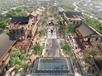 Traditional Chinese Architecture Commercial Street With Walking Pedestrians Storefronts Green Trees And Plaza Fountain 3d model