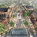 Traditional Chinese Architecture Commercial Street With Walking Pedestrians Storefronts Green Trees And Plaza Fountain