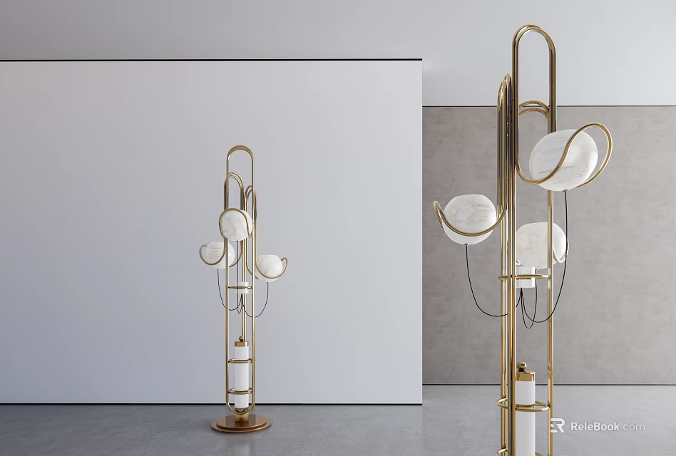 Modern Gold Metal Frame Floor Lamp With Multiple White Lampshades In Minimalist Interior 3d model 