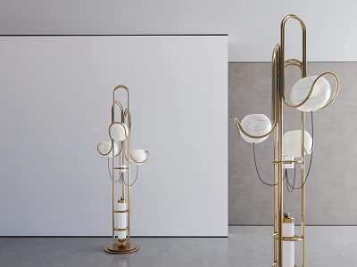 Modern Gold Metal Frame Floor Lamp With Multiple White Lampshades In Minimalist Interior 3d model