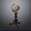Vintage Globe With Wooden Tripod Stand And Detailed Map Surface