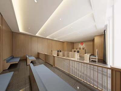 Modern Court Interior With Wooden Walls Reception Desk And Comfortable Waiting Seats 3d model