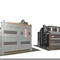 Two Cartoon Style Dormitory Buildings Featuring Gray Brown Exteriors Windows And Roof Structures