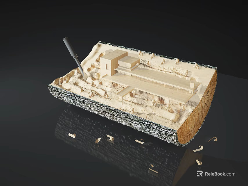 Intricate Wooden Sculpture Carving Featuring Detailed Architectural Scene And Carving Tools On Reflective Surface 3d model 