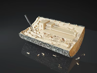 Intricate Wooden Sculpture Carving Featuring Detailed Architectural Scene And Carving Tools On Reflective Surface 3d model