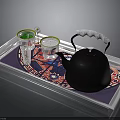 Silver Tray With Black Teapot Glass Cups Yellow Rims Small Creamer And Patterned Mat