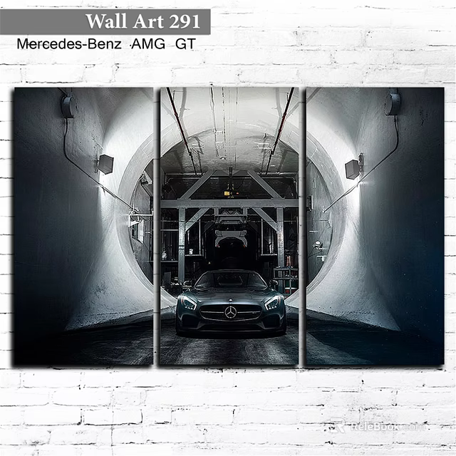 Modern Triptych Canvas Frame With Sleek Black Car In Industrial Tunnel Scene 3d model 