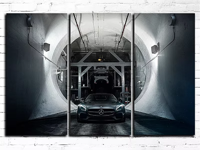 Modern Triptych Canvas Frame With Sleek Black Car In Industrial Tunnel Scene 3d model