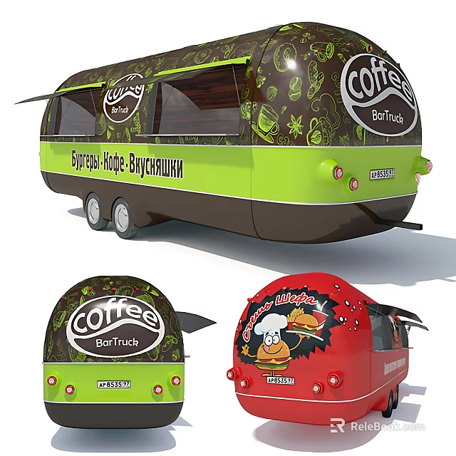 Colorful Mobile Food Truck With Coffee And Burger Graphics And Exterior Design 3d model 