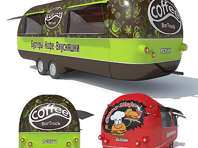 Colorful Mobile Food Truck With Coffee And Burger Graphics And Exterior Design 3d model