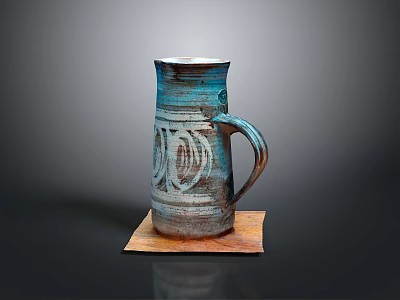 Handcrafted Carved Ceramic Mug With Blue Brown Glaze And Sculpted Patterns On Wooden Base 3d model