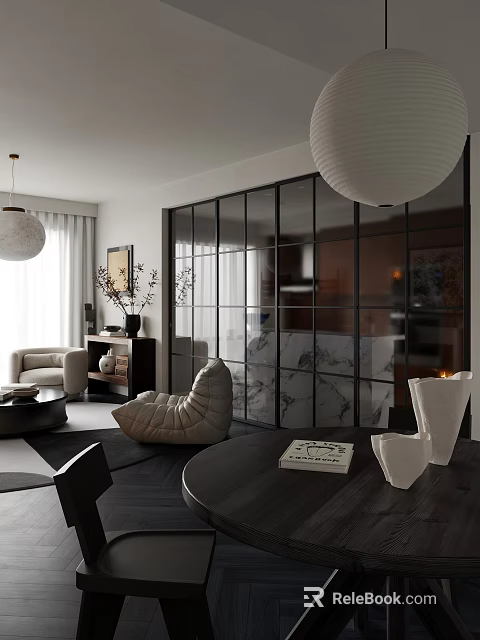Modern Minimalist Open Living And Dining Room Interior With Stylish Black Framed Grid Glass Partition 3d model 