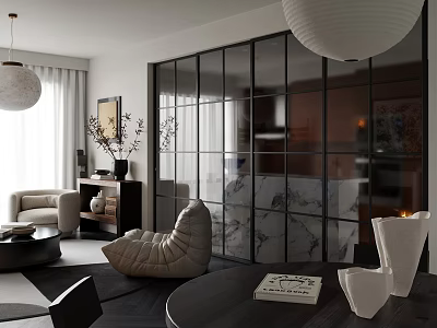 Modern Minimalist Open Living And Dining Room Interior With Stylish Black Framed Grid Glass Partition 3d model