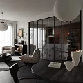 Modern Minimalist Open Living And Dining Room Interior With Stylish Black Framed Grid Glass Partition
