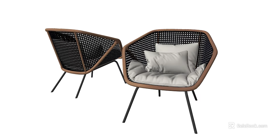 Modern Leisure Chair with Hexagonal Shape Woven Design Brown Frame Black Legs and White Cushions 3d model 